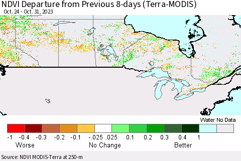 Canada NDVI Departure from Previous 8-days (Terra-MODIS) Thematic Map For 10/24/2023 - 10/31/2023