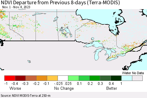 Canada NDVI Departure from Previous 8-days (Terra-MODIS) Thematic Map For 11/1/2023 - 11/8/2023