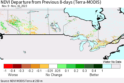 Canada NDVI Departure from Previous 8-days (Terra-MODIS) Thematic Map For 11/9/2023 - 11/16/2023