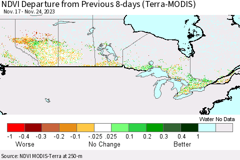 Canada NDVI Departure from Previous 8-days (Terra-MODIS) Thematic Map For 11/17/2023 - 11/24/2023