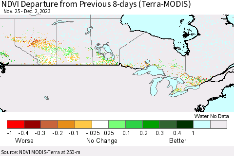 Canada NDVI Departure from Previous 8-days (Terra-MODIS) Thematic Map For 11/25/2023 - 12/2/2023