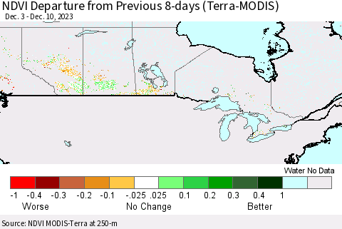 Canada NDVI Departure from Previous 8-days (Terra-MODIS) Thematic Map For 12/3/2023 - 12/10/2023