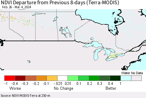 Canada NDVI Departure from Previous 8-days (Terra-MODIS) Thematic Map For 2/26/2024 - 3/4/2024