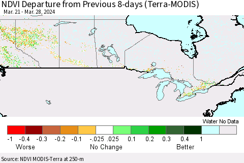 Canada NDVI Departure from Previous 8-days (Terra-MODIS) Thematic Map For 3/21/2024 - 3/28/2024