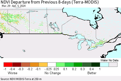 Canada NDVI Departure from Previous 8-days (Terra-MODIS) Thematic Map For 3/29/2024 - 4/5/2024