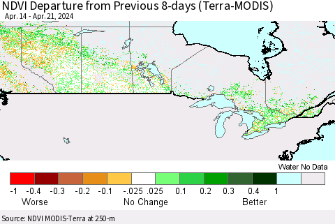 Canada NDVI Departure from Previous 8-days (Terra-MODIS) Thematic Map For 4/14/2024 - 4/21/2024
