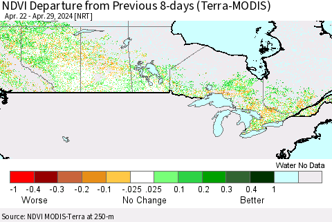 Canada NDVI Departure from Previous 8-days (Terra-MODIS) Thematic Map For 4/22/2024 - 4/29/2024