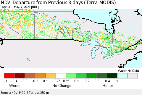 Canada NDVI Departure from Previous 8-days (Terra-MODIS) Thematic Map For 4/30/2024 - 5/7/2024
