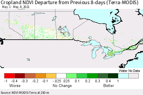 Canada Cropland NDVI Departure from Previous 8-days (Terra-MODIS) Thematic Map For 5/1/2021 - 5/8/2021