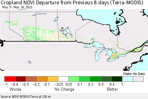 Canada Cropland NDVI Departure from Previous 8-days (Terra-MODIS) Thematic Map For 5/9/2021 - 5/16/2021