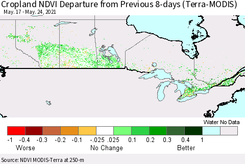 Canada Cropland NDVI Departure from Previous 8-days (Terra-MODIS) Thematic Map For 5/17/2021 - 5/24/2021