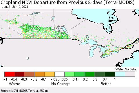 Canada Cropland NDVI Departure from Previous 8-days (Terra-MODIS) Thematic Map For 6/2/2021 - 6/9/2021