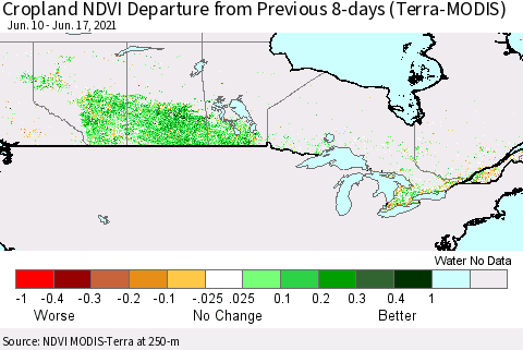 Canada Cropland NDVI Departure from Previous 8-days (Terra-MODIS) Thematic Map For 6/10/2021 - 6/17/2021