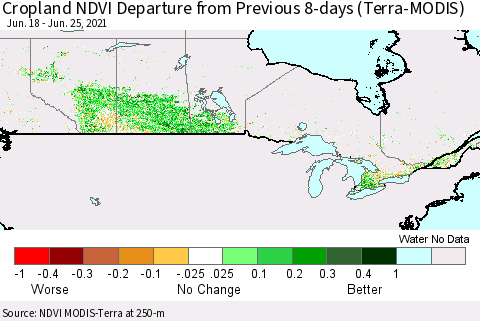 Canada Cropland NDVI Departure from Previous 8-days (Terra-MODIS) Thematic Map For 6/18/2021 - 6/25/2021