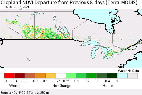 Canada Cropland NDVI Departure from Previous 8-days (Terra-MODIS) Thematic Map For 6/26/2021 - 7/3/2021