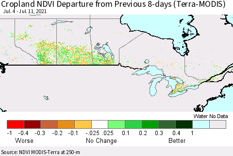 Canada Cropland NDVI Departure from Previous 8-days (Terra-MODIS) Thematic Map For 7/4/2021 - 7/11/2021