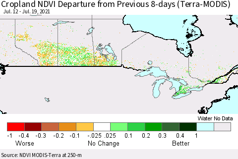 Canada Cropland NDVI Departure from Previous 8-days (Terra-MODIS) Thematic Map For 7/12/2021 - 7/19/2021