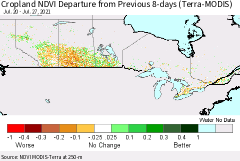 Canada Cropland NDVI Departure from Previous 8-days (Terra-MODIS) Thematic Map For 7/20/2021 - 7/27/2021