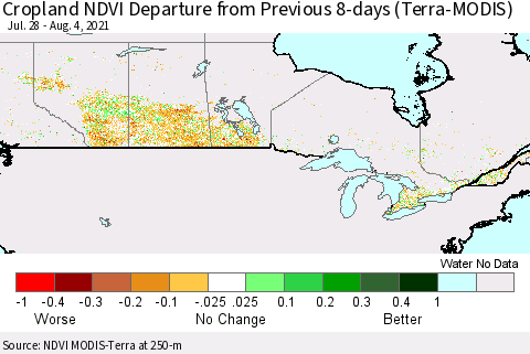 Canada Cropland NDVI Departure from Previous 8-days (Terra-MODIS) Thematic Map For 7/28/2021 - 8/4/2021