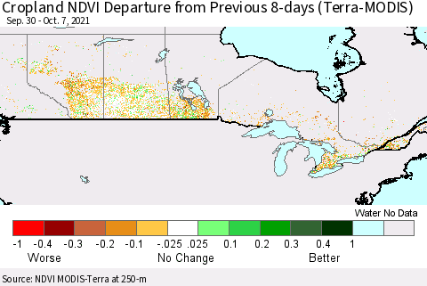 Canada Cropland NDVI Departure from Previous 8-days (Terra-MODIS) Thematic Map For 9/30/2021 - 10/7/2021