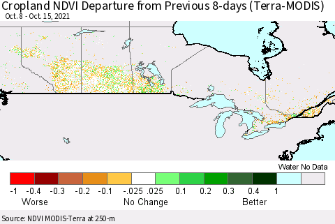 Canada Cropland NDVI Departure from Previous 8-days (Terra-MODIS) Thematic Map For 10/8/2021 - 10/15/2021