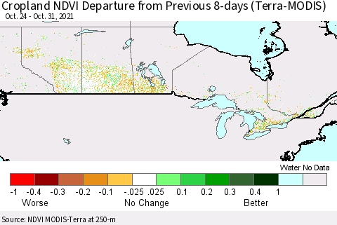 Canada Cropland NDVI Departure from Previous 8-days (Terra-MODIS) Thematic Map For 10/24/2021 - 10/31/2021