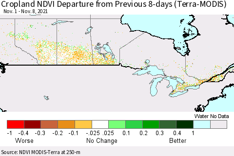 Canada Cropland NDVI Departure from Previous 8-days (Terra-MODIS) Thematic Map For 11/1/2021 - 11/8/2021