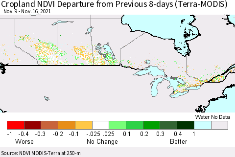 Canada Cropland NDVI Departure from Previous 8-days (Terra-MODIS) Thematic Map For 11/9/2021 - 11/16/2021