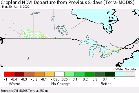Canada Cropland NDVI Departure from Previous 8-days (Terra-MODIS) Thematic Map For 3/30/2022 - 4/6/2022