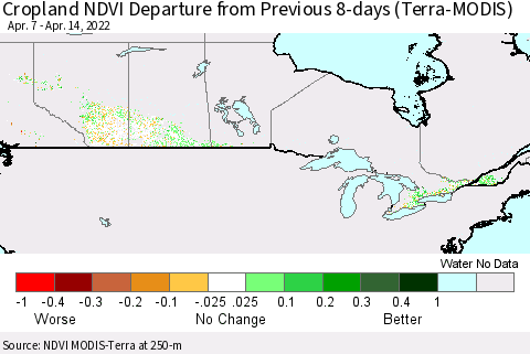 Canada Cropland NDVI Departure from Previous 8-days (Terra-MODIS) Thematic Map For 4/7/2022 - 4/14/2022