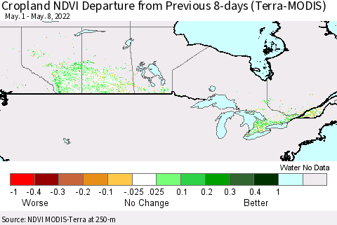 Canada Cropland NDVI Departure from Previous 8-days (Terra-MODIS) Thematic Map For 5/1/2022 - 5/8/2022