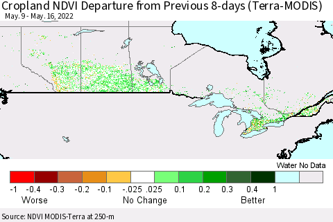 Canada Cropland NDVI Departure from Previous 8-days (Terra-MODIS) Thematic Map For 5/9/2022 - 5/16/2022