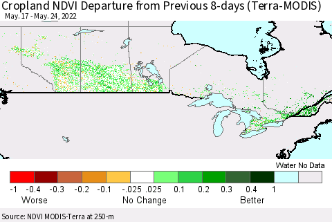Canada Cropland NDVI Departure from Previous 8-days (Terra-MODIS) Thematic Map For 5/17/2022 - 5/24/2022