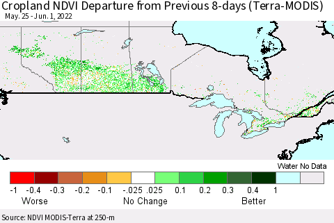 Canada Cropland NDVI Departure from Previous 8-days (Terra-MODIS) Thematic Map For 5/25/2022 - 6/1/2022