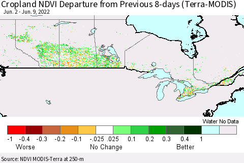 Canada Cropland NDVI Departure from Previous 8-days (Terra-MODIS) Thematic Map For 6/2/2022 - 6/9/2022