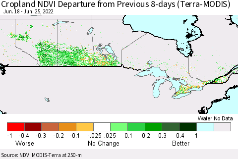 Canada Cropland NDVI Departure from Previous 8-days (Terra-MODIS) Thematic Map For 6/18/2022 - 6/25/2022