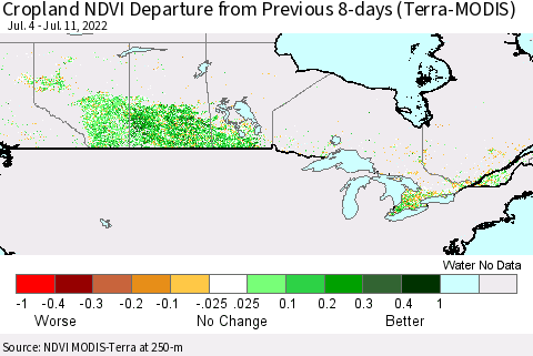 Canada Cropland NDVI Departure from Previous 8-days (Terra-MODIS) Thematic Map For 7/4/2022 - 7/11/2022