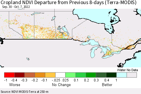 Canada Cropland NDVI Departure from Previous 8-days (Terra-MODIS) Thematic Map For 9/30/2022 - 10/7/2022