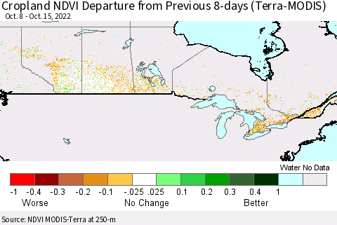 Canada Cropland NDVI Departure from Previous 8-days (Terra-MODIS) Thematic Map For 10/8/2022 - 10/15/2022