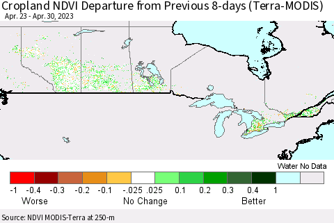 Canada Cropland NDVI Departure from Previous 8-days (Terra-MODIS) Thematic Map For 4/23/2023 - 4/30/2023