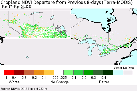 Canada Cropland NDVI Departure from Previous 8-days (Terra-MODIS) Thematic Map For 5/17/2023 - 5/24/2023