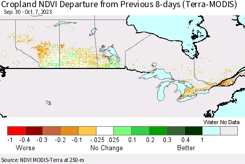 Canada Cropland NDVI Departure from Previous 8-days (Terra-MODIS) Thematic Map For 9/30/2023 - 10/7/2023