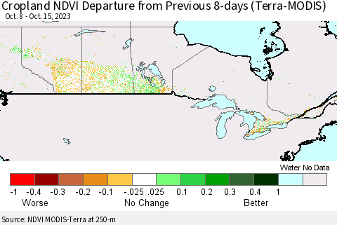 Canada Cropland NDVI Departure from Previous 8-days (Terra-MODIS) Thematic Map For 10/8/2023 - 10/15/2023