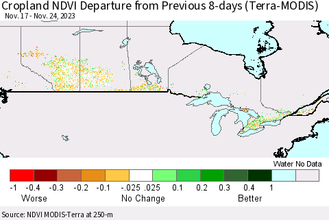 Canada Cropland NDVI Departure from Previous 8-days (Terra-MODIS) Thematic Map For 11/17/2023 - 11/24/2023