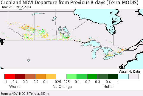 Canada Cropland NDVI Departure from Previous 8-days (Terra-MODIS) Thematic Map For 11/25/2023 - 12/2/2023