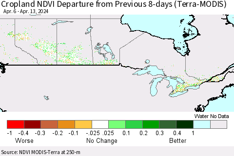 Canada Cropland NDVI Departure from Previous 8-days (Terra-MODIS) Thematic Map For 4/6/2024 - 4/13/2024
