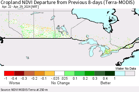 Canada Cropland NDVI Departure from Previous 8-days (Terra-MODIS) Thematic Map For 4/22/2024 - 4/29/2024