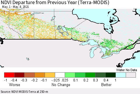 Canada NDVI Departure from Previous Year (Terra-MODIS) Thematic Map For 5/1/2021 - 5/8/2021