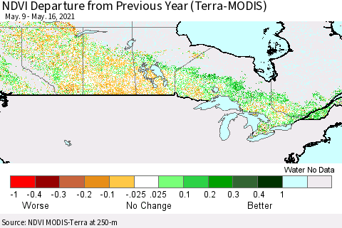 Canada NDVI Departure from Previous Year (Terra-MODIS) Thematic Map For 5/9/2021 - 5/16/2021