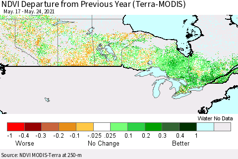 Canada NDVI Departure from Previous Year (Terra-MODIS) Thematic Map For 5/17/2021 - 5/24/2021